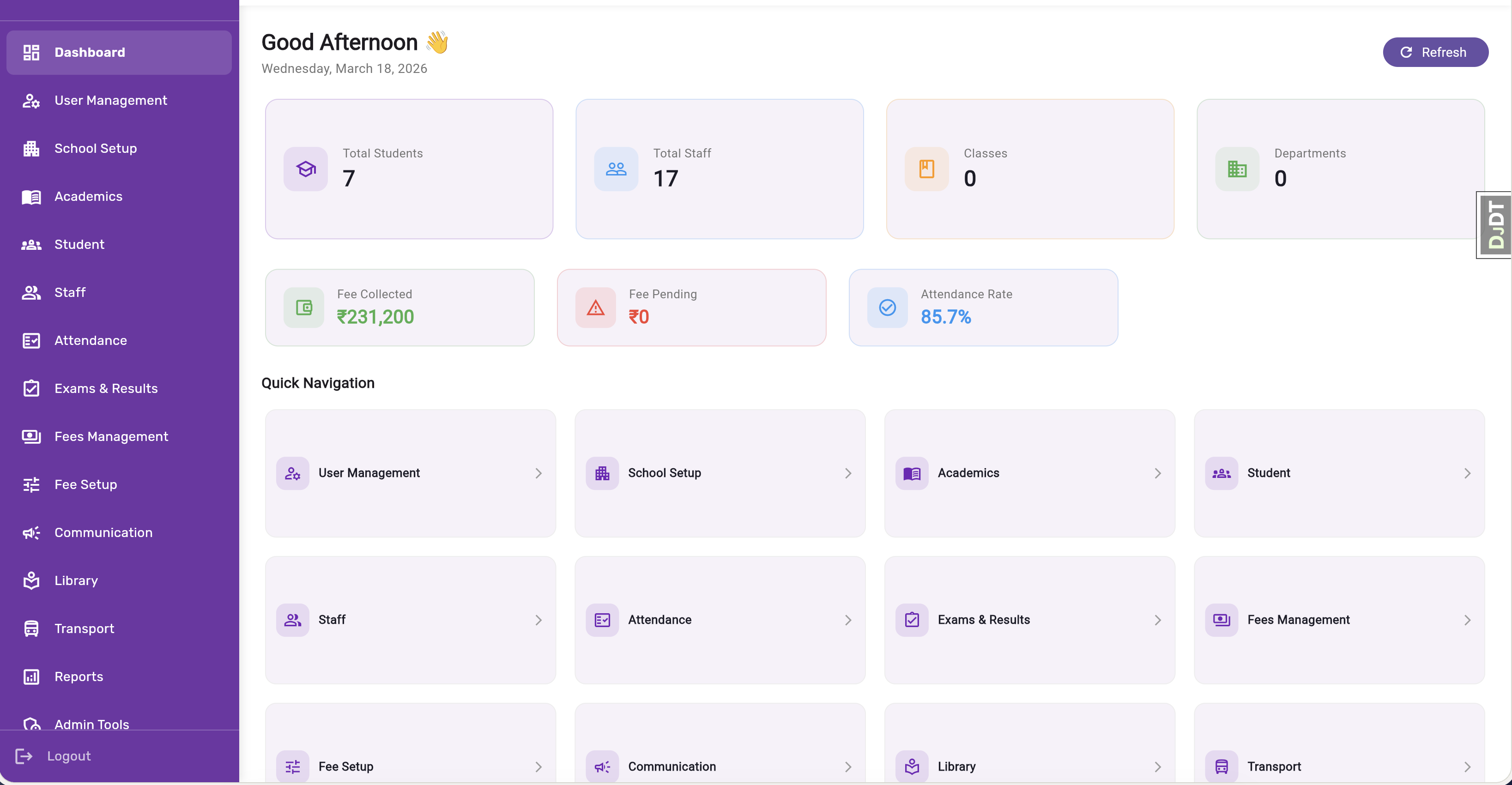 EduGradUP School Management Software Dashboard 2026 — Fee, Attendance, Exams, Payroll All-in-One India