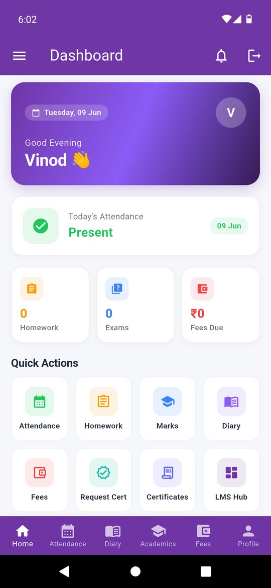 EduGradUP school ERP app student dashboard on Android phone showing today's attendance, homework, exams and fees due with quick actions
