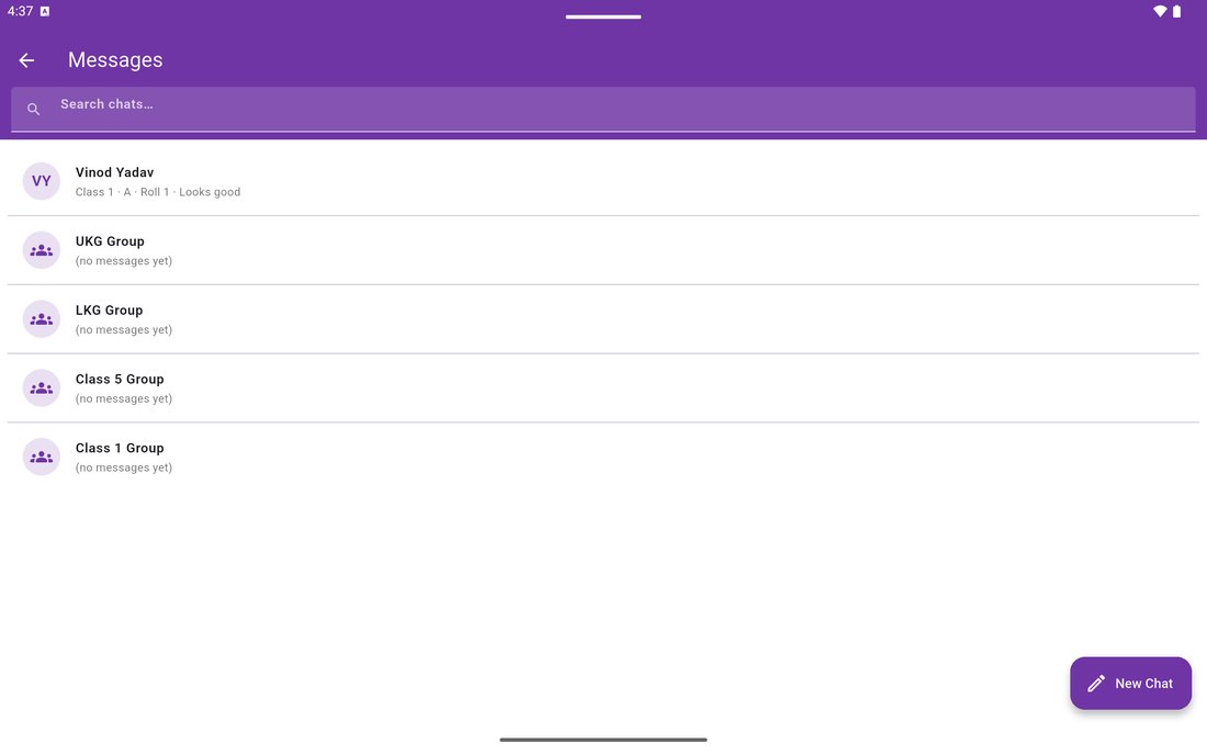 EduGradUP in-app chat listing individual parent conversations and class groups with search and new chat button