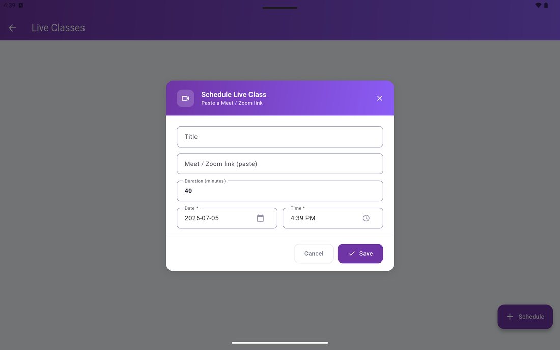 EduGradUP schedule live class dialog with title, Google Meet or Zoom link, duration, date and time fields
