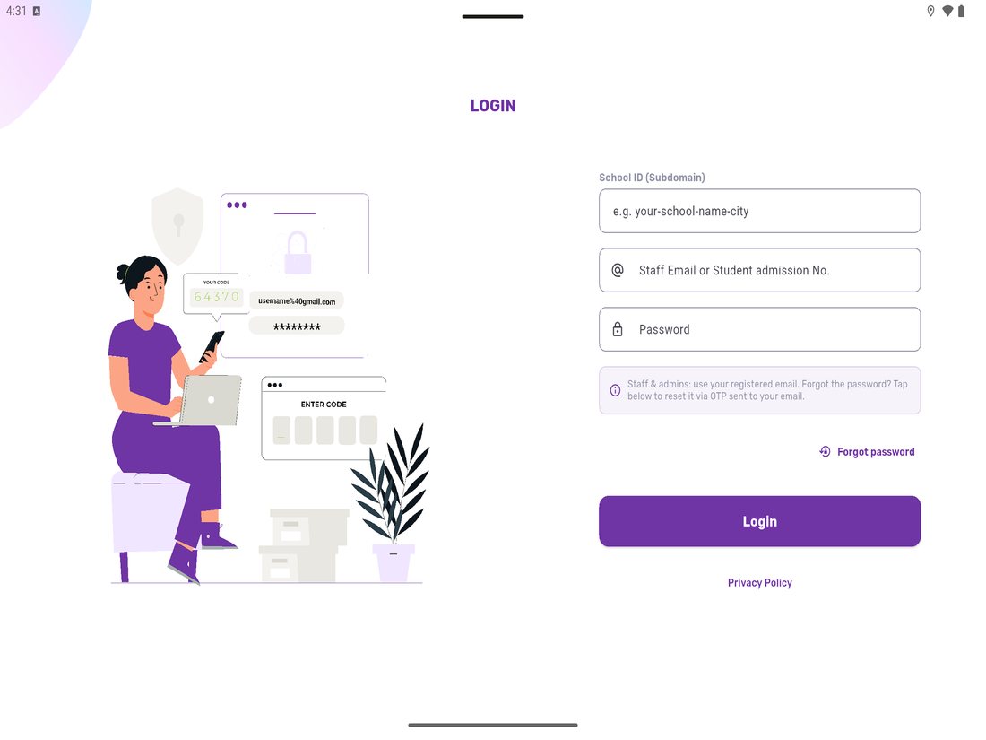 EduGradUP app login screen asking for school ID subdomain, staff email or student admission number, and password with forgot password OTP reset
