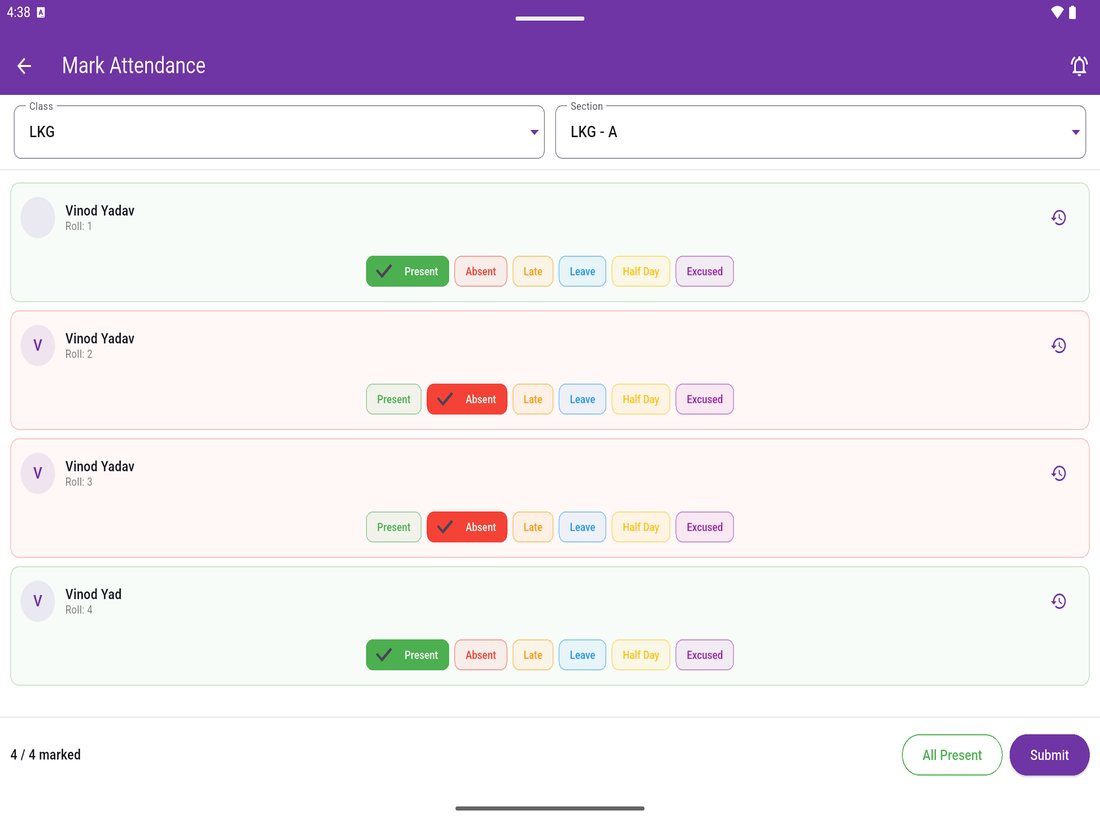 EduGradUP mark attendance screen with class and section dropdown, per-student Present Absent Late Leave Half Day Excused buttons and All Present shortcut