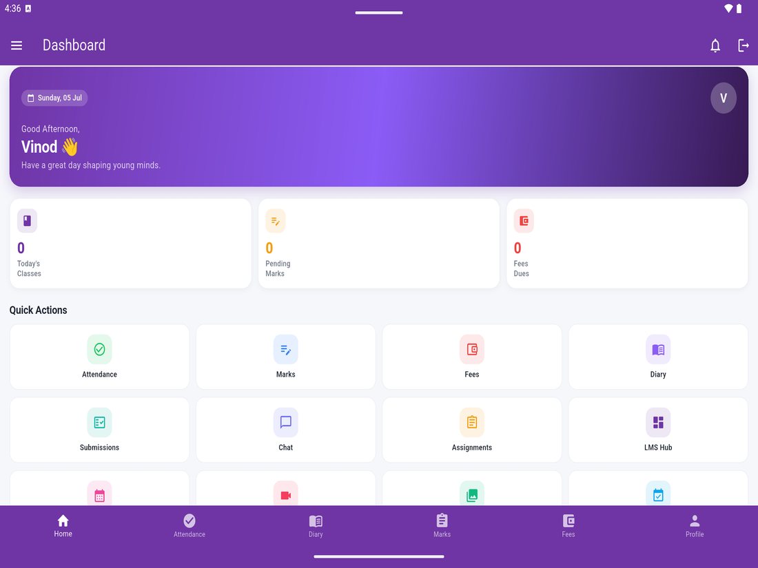 EduGradUP teacher app dashboard on tablet showing today's classes, pending marks, fee dues and quick actions for attendance, marks, diary and chat