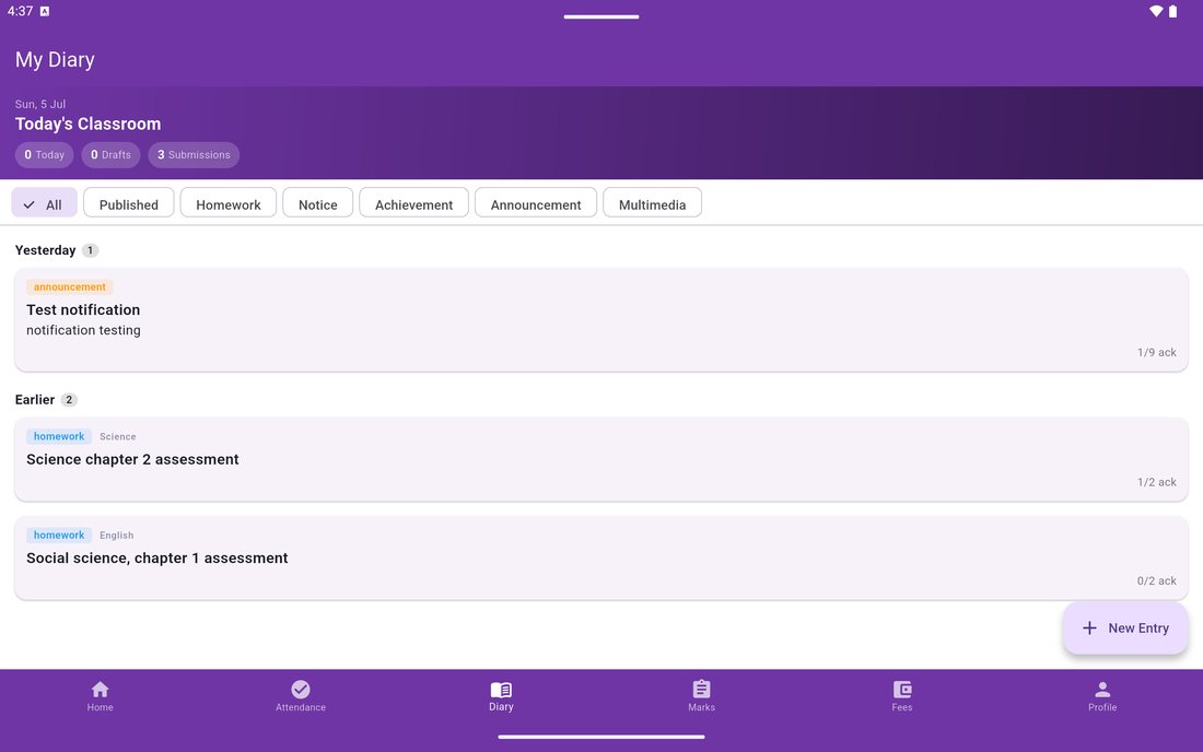 EduGradUP teacher diary showing today's classroom entries filtered by homework, notice, achievement, announcement and multimedia with parent acknowledgement counts